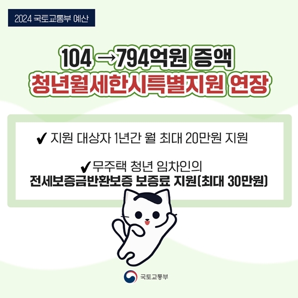 월 20만 원씩 1년간 지원되는 청년월세 특별지원 사업.(출처=국토교통부)
