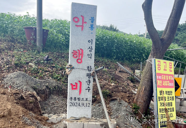 전남 함평군 용천사 수목장 반대 추진위원회가 꽃무릇축제 개막 당일인 지난 12일 해보면 광암리 마을 앞 도로변에 설치한 함평군수 비방용 비석. (사진=함평군 제공)