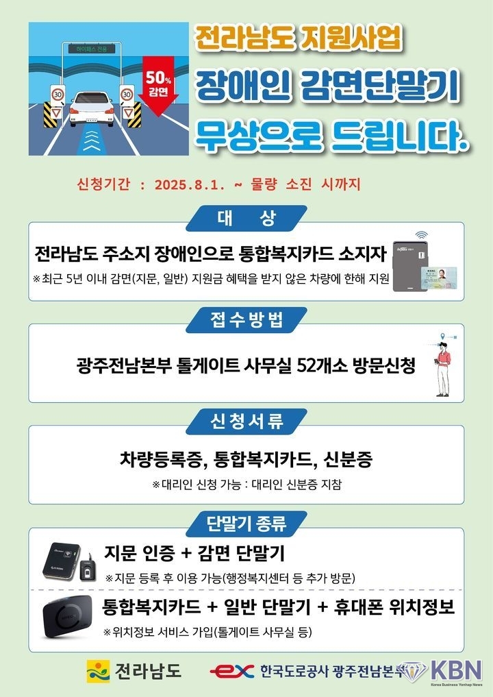 전남도는 장애인의 안전하고 편안한 고속도로 이용을 위해 한국도로공사 광주전남본부와 함께 장애인용 하이패스 단말기 1400대를 무상 지원한다고 30일 밝혔다. (사진=전남도 제공)