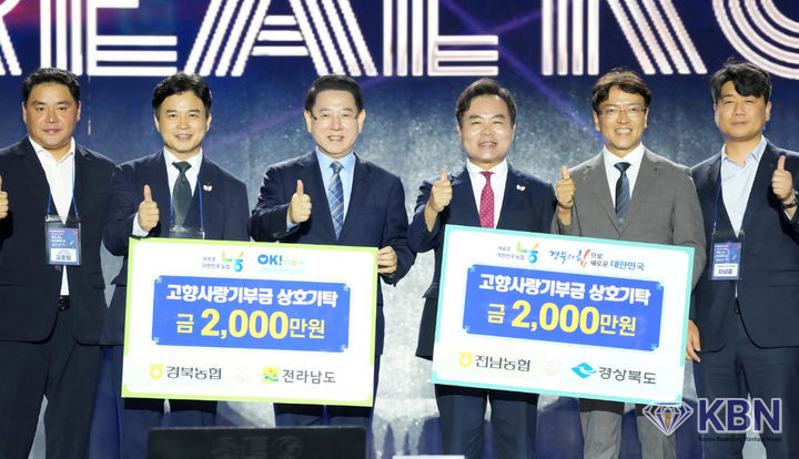농협중앙회 전남본부와 경북본부는 전날 목포에서 열린 '2025 영호남 상생협력 화합대축전'에서 고향사랑기부금 상호 교차 기탁을 통해 지역 간 화합과 상생의 의미를 다졌다. (사진=전남농협 제공)