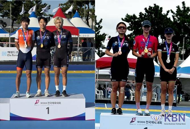 P5,000m 방조양(가운데) 1위, 양선호(오른쪽) 3위 / E10,000m 나영서(왼쪽) 3위 입상 (사진=은평구청 제공)