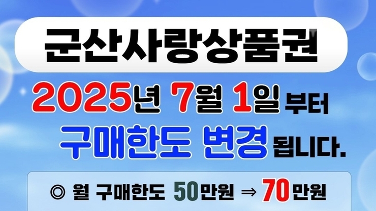 군산사랑상품권 구매 한도 오늘부터 월 '50만→70만원' 확대