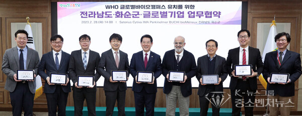 전남 화순이 세계보건기구(WHO) ‘글로벌 바이오 캠퍼스’에 선정됐다. 김영록 전라남도지사가 지난 2월 28일 도청 서재필실에서 글로벌 바이오 캠퍼스 전남 유치를 위한 업무협약을 하는 모습. 참여 기업은 다국적 바이오 기업인 싸토리우스, 머크(독일), 싸이티바, 퍼킨엘머(미국), 이마(이탈리아), 뷰키(스위스), 비오메리으(프랑스) 등 7곳. 전남 화순이 세계보건기구(WHO) ‘글로벌 바이오 캠퍼스’에 선정됐다. 김영록 전라남도지사가 지난 2월 28일 도청 서재필실에서 글로벌 바이오 캠퍼스 전남 유치를 위한 업무협약을 하는 모습. 참여 기업은 다국적 바이오 기업인 싸토리우스, 머크(독일), 싸이티바, 퍼킨엘머(미국), 이마(이탈리아), 뷰키(스위스), 비오메리으(프랑스) 등 7곳.